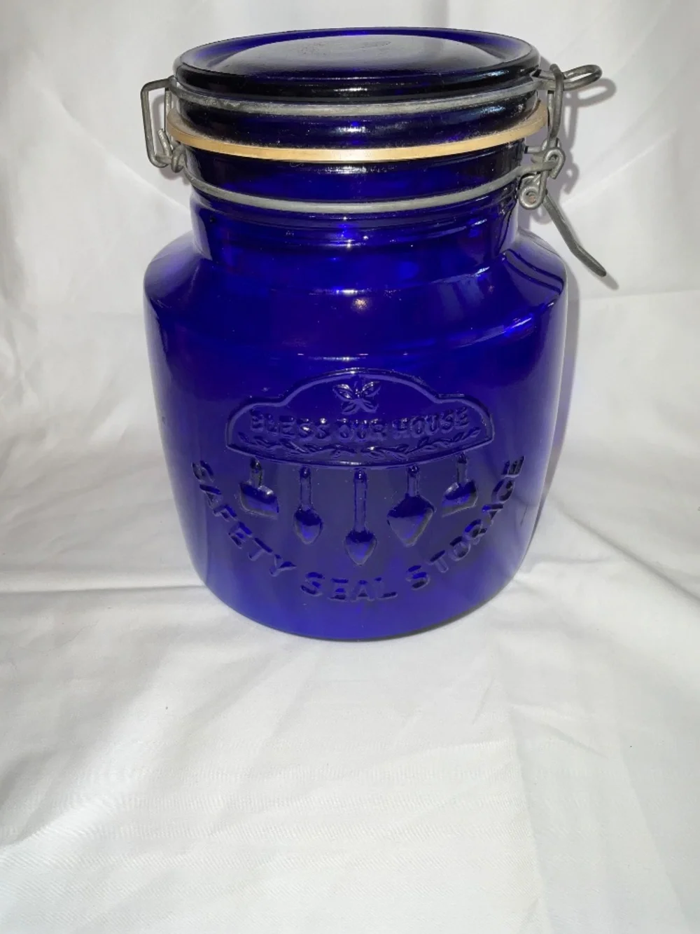 Vintage Crownford‎ China Co Cobalt Blue 2-Quart Jar Bless Our House Italy
